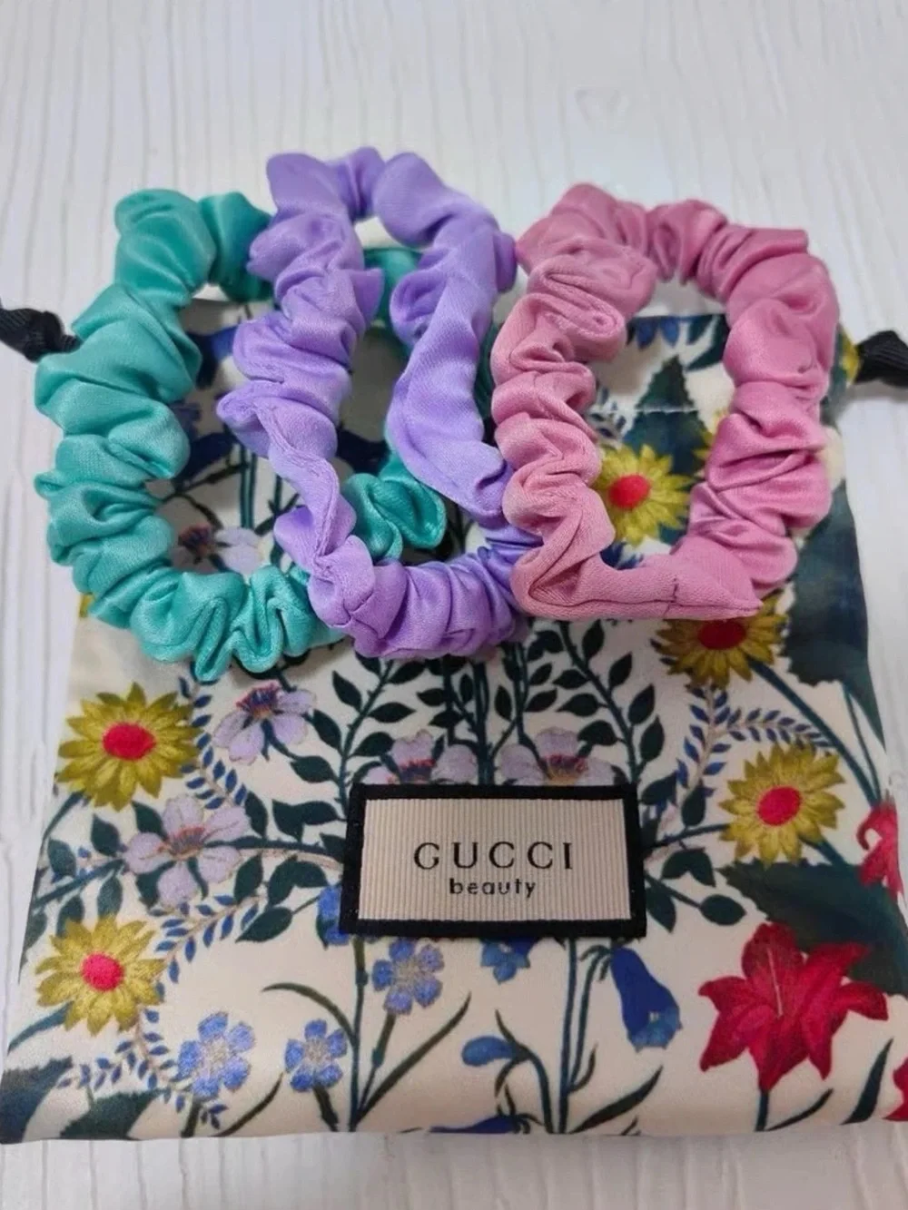 Gucci Floral Satin Scrunchie Trio in Purple, Pink & Teal with Floral Pouch